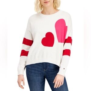 Tommy Hilfiger Graphic Heart Stripe Trim Crewneck Sweater Size Small Preppy Y2K